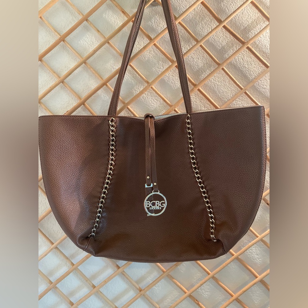 BCBG Paris Brown Leather Tote with Chain Trim Reversible